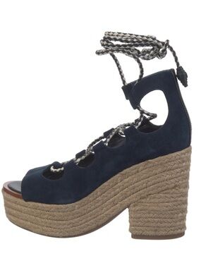Tory Burch Navy Suede Lace-Up Espadrille Wedge Sandals